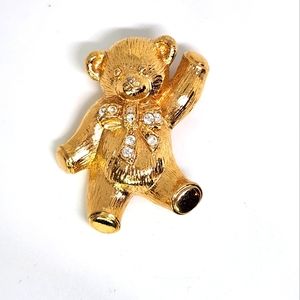 Vintage Avon Waving Teddy Bear Pendant Brooch Rhinestones Gold Tone Bow